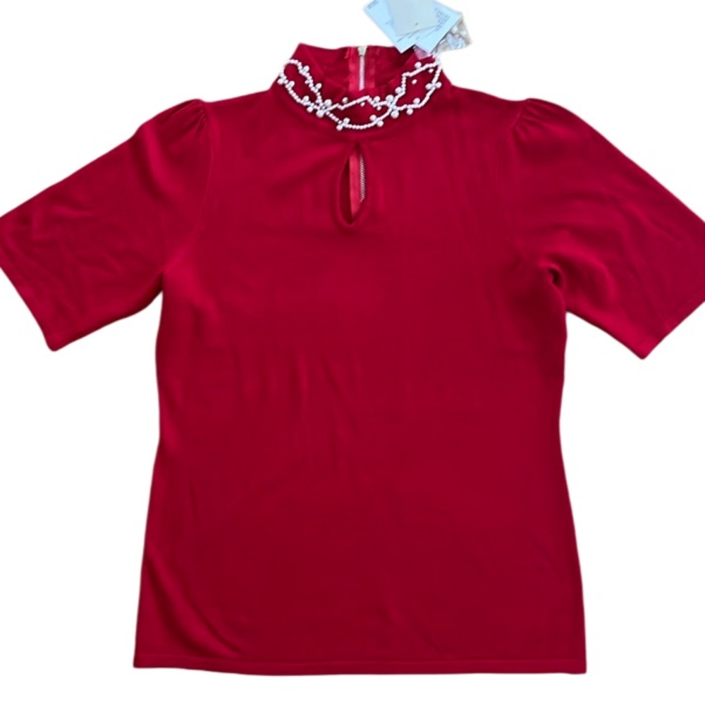 NWT CARMEN MARC VALVO SHORT SLEEVED SWEATER RED PEARL BEADED MOCK NECK SMALL
